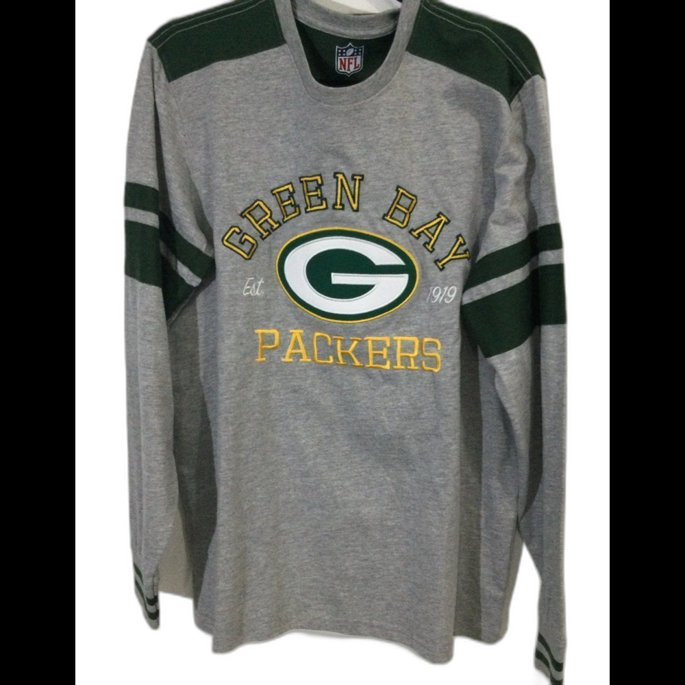 NFL T-Shirt Men's Size L Gray Green Gold Green Bay Packers Embroidered L Sleeve